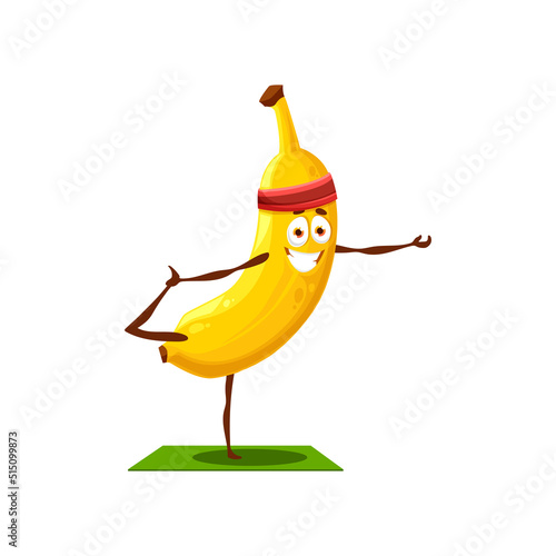 Banana isolated exotic yellow fruit in sport band on head doing fitness pilates stretching on mat. Vector tropical food, vegetarian dessert active workout, hobby healthy lifestyle of cartoon character