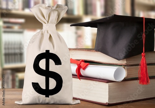 Tableau sur toile Saving money for college tuition fees, education concept, bags, a black graduation cap, a mortarboard or a hat