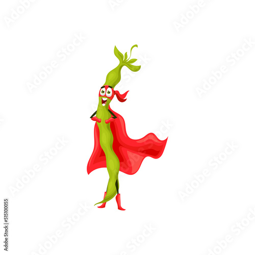 Emoticon of kidney bean superhero in red cape and mask legume pod isolated cartoon character. Vector kidney bean comic superfood hero vegetarian food, healthy vegetable in pods, children kids hero