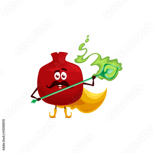 Cartoon pomegranate fruit wizard or magician character. Vector garnet necromancer fairytale personage with glowing magic staff. Funny smiling wiz wear cape, cute sorcerer garden fruit, vitamin food