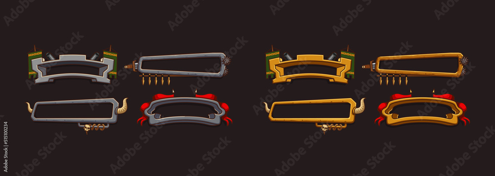 Fantasy frames with medieval weapon for rpg game ui design. Vector cartoon set of empty banners with old gold and silver borders, sword, arrows, horns and flags isolated on black background Fantasy frames with medieval weapon for rpg game ui design. Vector cartoon set of empty banners with old gold and silver borders, sword, arrows, horns and flags isolated on black background