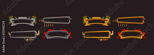 Fantasy frames with medieval weapon for rpg game ui design. Vector cartoon set of empty banners with old gold and silver borders, sword, arrows, horns and flags isolated on black background