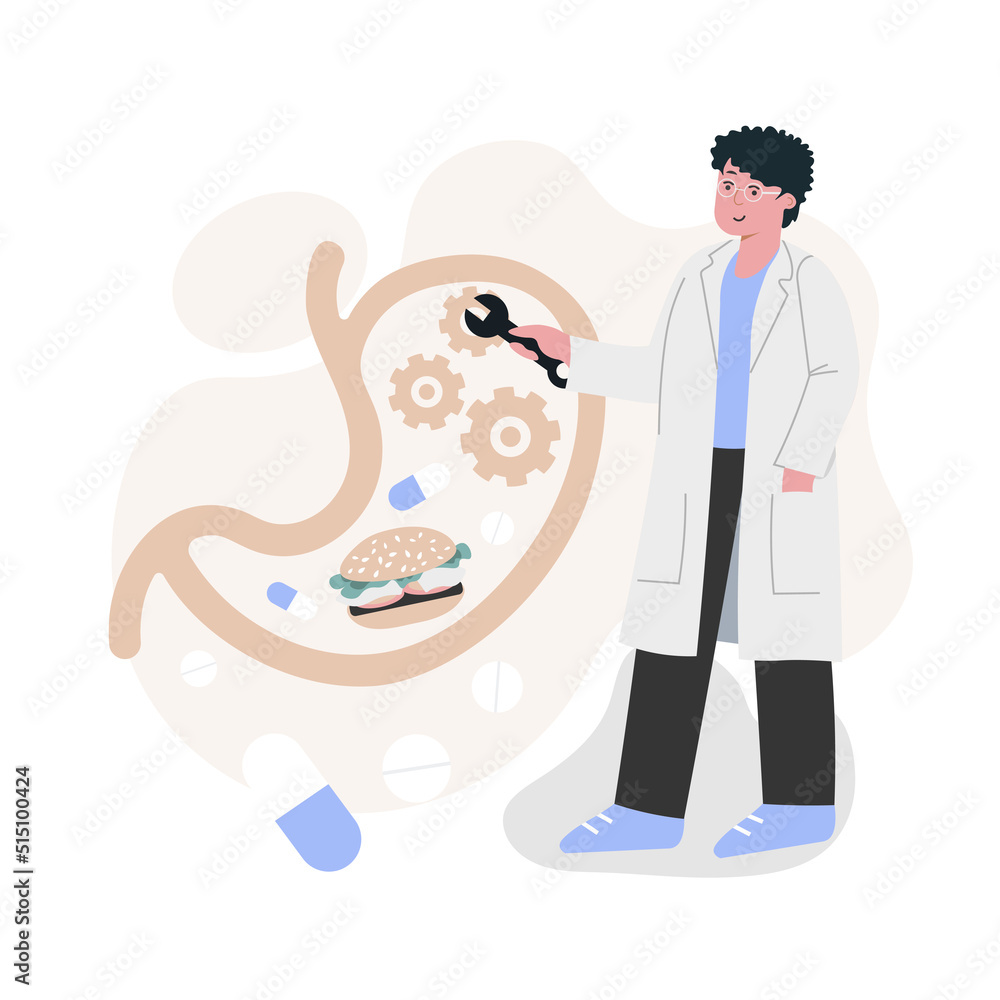 A male doctor repairs your stomach against the background of details of food and pills A male doctor repairs your stomach against the background of details of food and pills