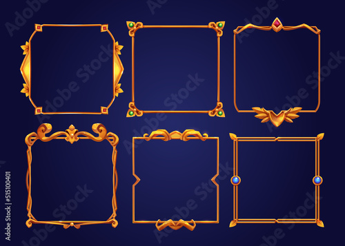 Vintage square golden frames for rpg game ui banners and elements. Vector cartoon set of empty fantasy golden borders in medieval style with gems isolated on background