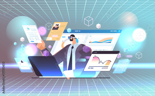 businessman in digital glasses analyzing financial data on charts and graphs vr vision headset innovation metaverse concept