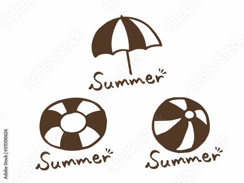 かわいい夏の浮き輪とビーチボールとパラソルセットとSummerの手描き文字／手描きイラスト