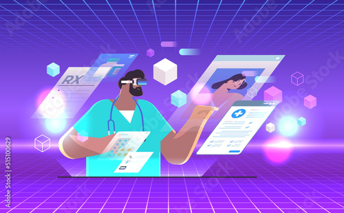 doctor in uniform working with virtual screens medical data medicine healthcare online consultation concept