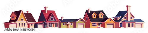 Suburb houses, residential suburban cottages, neighborhood real estate countryside buildings. Two storey dwellings with garages. Cartoon home facades isolated on white background, Vector illustration
