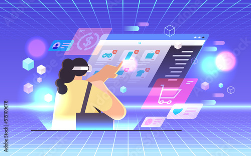woman in virtual reality digital glasses choosing items on screen online shopping vr vision headset innovation metaverse