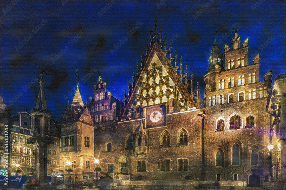 Watercolor Painting of Wroclaw's Historic Tawn Hall by Night