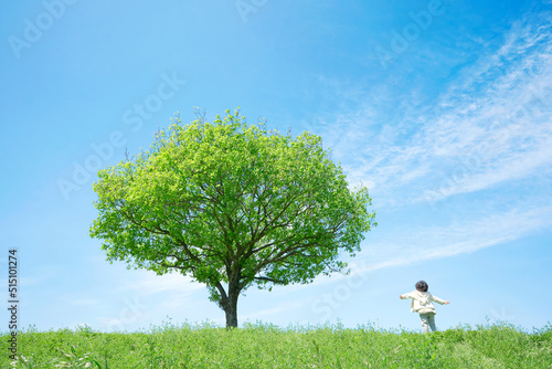 一本の木のある草原で手を広げる子供