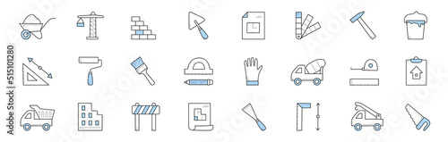 Construction and building doodle icons. Wheelbarrow with sand, crane, brick wall, trowel, palette and blueprint. Hammer, paints bucket, concrete mixer, roller, meter, paintbrush and saw vector signs