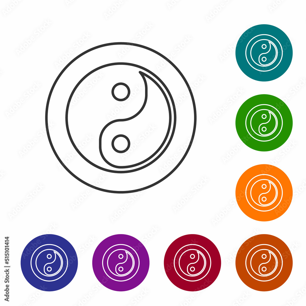 Black line Yin Yang symbol of harmony and balance icon isolated on white background. Set icons in color circle buttons. Vector