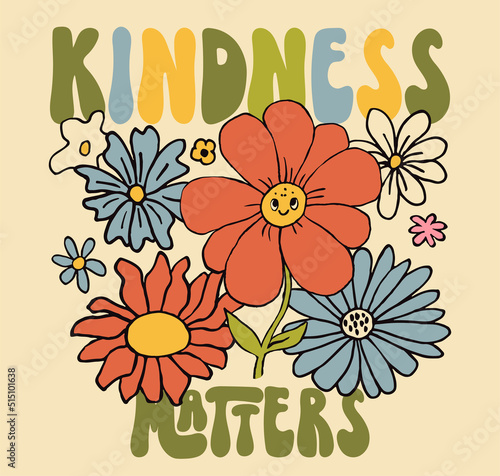 Retro 70s hippie flowers illustratoin. Psychedelic groovy style cute summer floral print