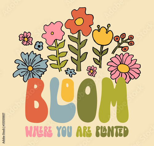 Retro 70s hippie flowers illustratoin. Psychedelic groovy style cute summer floral print