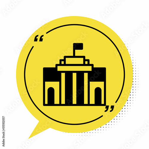 Black Prado museum icon isolated on white background. Madrid, Spain. Yellow speech bubble symbol. Vector