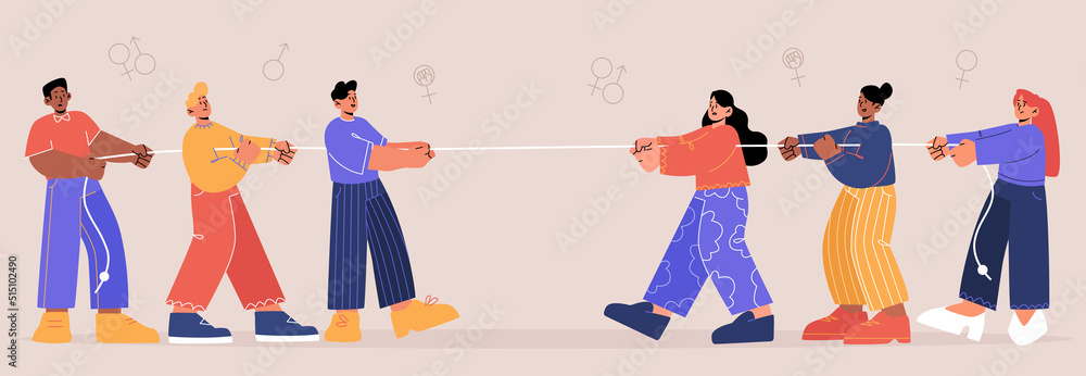 Tug of war competition between men and women teams. Concept of gender ...