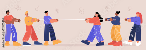 Tug of war competition between men and women teams. Concept of gender rivalry, conflict, sex equality. Vector flat illustration of groups of male and female persons pulling rope
