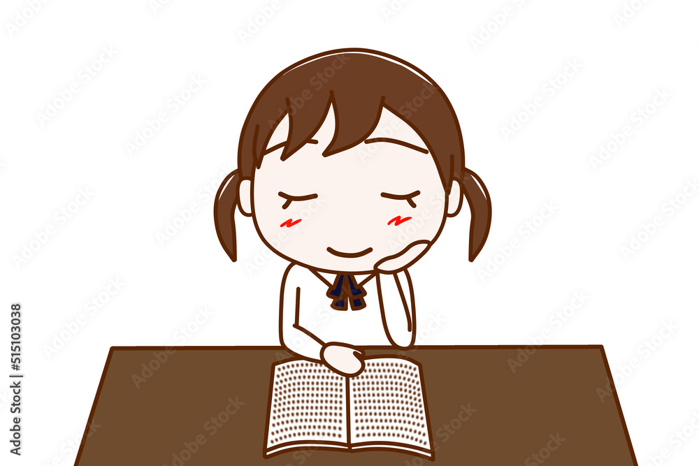 （上半身正面）机に座って本を楽しく読んでいる女子学生