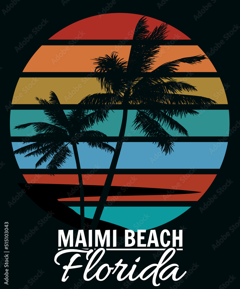 Poster Retro Florida Miami Beach sunset print t-shirt design. Poster palm tree silhouettes