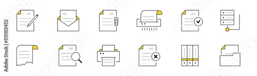 Set of doodle icons work with documents, archive storage. Isolated vector linear signs upload to the cloud, shredding and printing paper, file with pen and folders, envelope, correct and wrong symbol