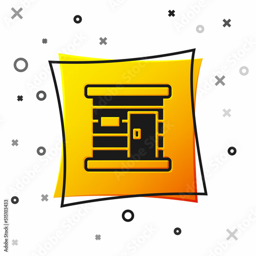 Black Sauna wooden bathhouse icon isolated on white background. Heat spa relaxation therapy bath and hot steam healthcare, relax therapy. Yellow square button. Vector