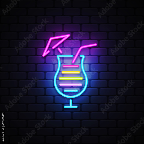 Cocktail icon neon on light background. Holiday banner design. Party decoration. Vector illustration