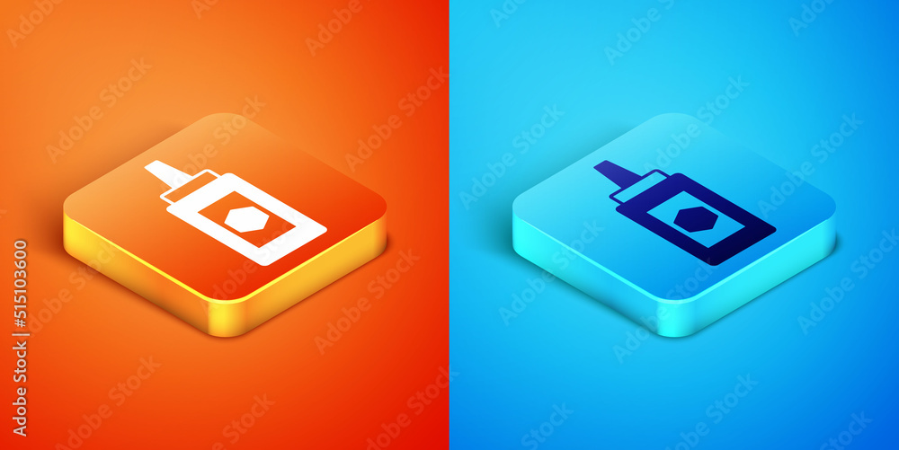 Isometric Jar of honey icon isolated on orange and blue background. Food bank. Sweet natural food symbol. Vector Isometric Jar of honey icon isolated on orange and blue background. Food bank. Sweet natural food symbol. Vector