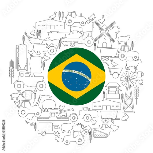 Circle frame with icons of agriculture and farming and flag of Brazil. Illustration or background for eco products and agricultural presentation.