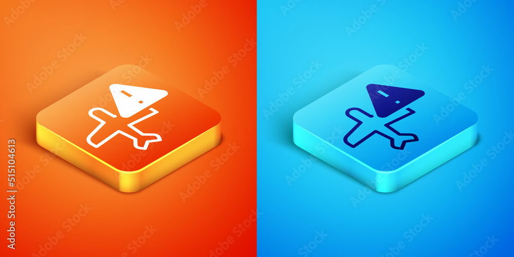 Isometric Warning aircraft icon isolated on orange and blue background. Faulty plane. Flying prohibition zone. Plane is forbidden for transportation and travelling. Vector Isometric Warning aircraft icon isolated on orange and blue background. Faulty plane. Flying prohibition zone. Plane is forbidden for transportation and travelling. Vector