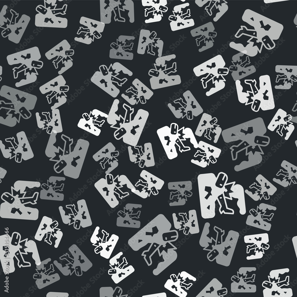 Grey Plane crash icon isolated seamless pattern on black background. Vector Grey Plane crash icon isolated seamless pattern on black background. Vector