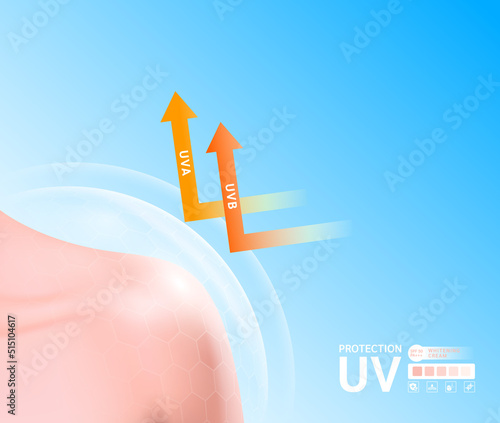 Woman shoulder beautiful and bubble dome translucent shield for UV protection ultraviolet your skin with sunblock vitamin. Products design cream skin care. Empty place for text. Vector Eps10.