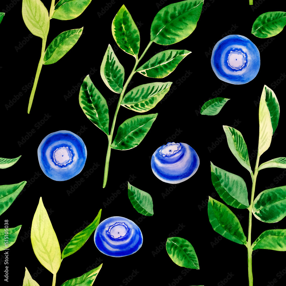 Blueberries and twigs with leaves watercolor seamless pattern. Endless summer ripe fruit background. Hand drawn botanical illustration. For packaging and fabric design.