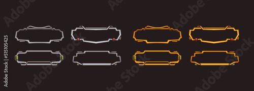Rectangle avatar frames, medieval ui game silver and gold borders. Cartoon empty metallic bordering with fancy gemstone decor, isolated fantasy design elements, gui graphics, Vector illustration, set