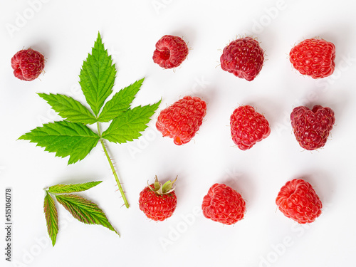 Raspberries isolated on white background close up. Raspberries Clipping Path. Mint Raspberries macro studio photo