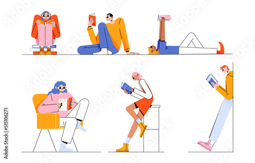 People read books in different poses. Vector flat illustration of reading club or library with persons sitting in chair, on stool, standing and lying with books isolated on white background