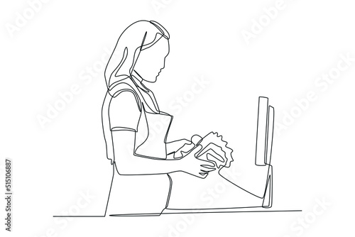 One continuous line drawing of female cashier scanning grocery items at supermarket. Shopping Mall concept. Single line draw design vector graphic illustration.
