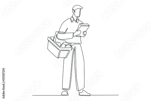 One continuous line drawing of man with basket checking shopping list in note. Shopping Mall concept. Single line draw design vector graphic illustration.