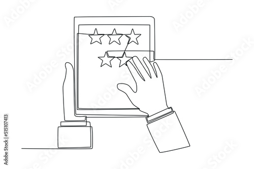Continuous one line drawing customer gives full star rating for product on tablet. Satisfaction customer concept. Single line draw design vector graphic illustration.