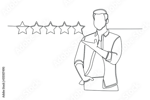 Continuous one line drawing confidence customer giving 5 stars rating. Satisfaction customer concept. Single line draw design vector graphic illustration.