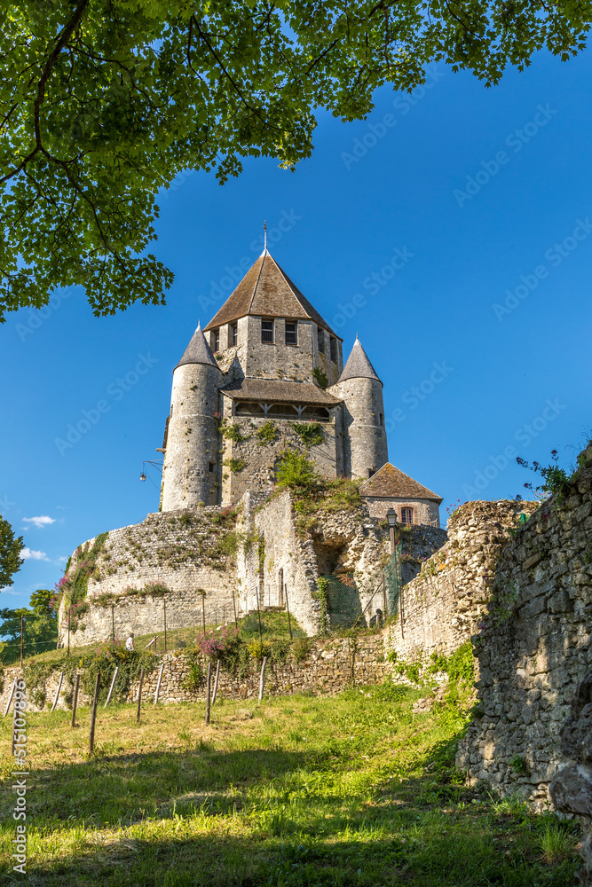 Provins, France - May 31, 2020: Cesar tower (1152 - 1181, built under reign of Henry Liberal) - landmark and emblem of Provins, smal medieval village near Paris, France