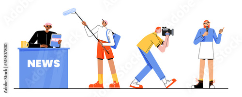 People tv workers, cameraman, reporter, journalist and presenter. Vector flat illustration of news crew work on television, filming report and broadcast with camera and microphone