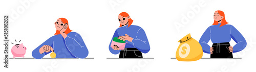 Woman earns money, makes savings, becomes rich. Concept of financial success, growth of profit and income. Vector flat illustration of girl with broken piggy bank, cash in wallet and big bag of money