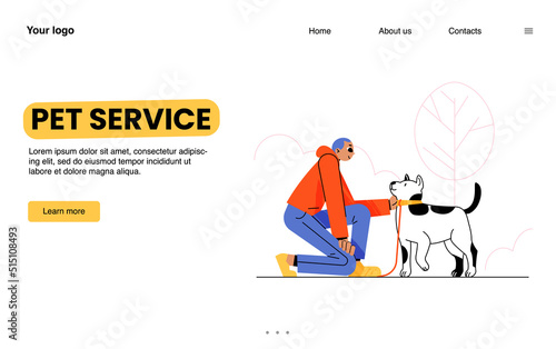 Pet service banner with man walk with dog in park. Vector landing page of professional service for training, walking and daycare of domestic animals with flat illustration of worker with puppy photo