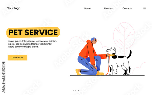 Pet service banner with man walk with dog in park. Vector landing page of professional service for training, walking and daycare of domestic animals with flat illustration of worker with puppy