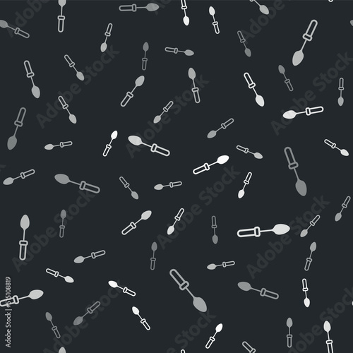 Grey Teaspoon icon isolated seamless pattern on black background. Cooking utensil. Cutlery sign. Vector