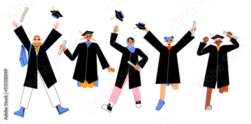 Happy college or university students, graduates jump and throw up graduation caps in air. Vector flat illustration of diverse jumping young people in academic hats and gowns with diploma scrolls