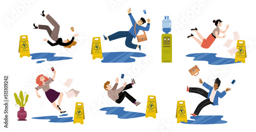People slip and fall down on wet floor in office with caution sign, cooler and water puddles. Vector flat illustration of characters slide on water or slippery floor, falling and drop cups and phones