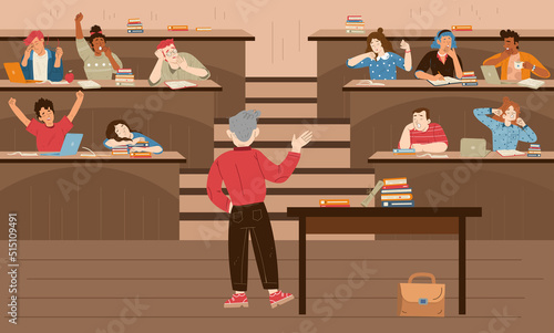 Tired and sleepy students on bored lecture in college or university. Vector flat illustration of class, auditorium with teacher and young people yawn and sleep at desks