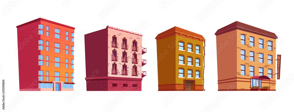 Building cartoon vector isolated illustrations. City landscape elements set, Multi-storey buildings with balconies and gutter, residential apartments, offices, shop or cafe, hotel with red canopy